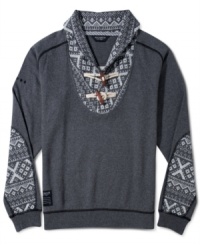 Toggle closure and print details give this Rocawear sweater a uniquely handsome style. Toggle closure and print details give this Rocawear sweater a uniquely handsome style.