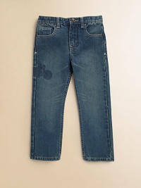 Softy, faded and comfy cotton denim is delightfully embroidered with a super cool motorcycle on one leg.Waistband with inside adjustable tabsButton and belt loopsZip flyFront scoop pockets with rivets and coin pocketEmbroidery on one legBack patch pocketsBack waist patchStraight, slightly slim fitCottonMachine washImported Softy, faded and comfy cotton denim is delightfully embroidered with a super cool motorcycle on one leg.Waistband with inside adjustable tabsButton and belt loopsZip flyFront scoop pockets with rivets and coin pocketEmbroidery on one legBack patch pocketsBack waist patchStraight, slightly slim fitCottonMachine washImported