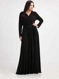 A simply glamorous floor-length dress with a universally flattering wrap design. You will love how the modal fabrication with a touch of stretch complements your curves.Wrap frontLong sleevesPull-on styleSelf-tie beltAbout 63 from natural waist92% modal/8% spandexDry cleanMade in USA A simply glamorous floor-length dress with a universally flattering wrap design. You will love how the modal fabrication with a touch of stretch complements your curves.Wrap frontLong sleevesPull-on styleSelf-tie beltAbout 63 from natural waist92% modal/8% spandexDry cleanMade in USA