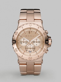 Classic chronograph timekeeping in a sleek stainless steel construction.Analog movement Water resistant to 10 ATM Bezel with minute markers Stainless steel case, 42mm, (1.65) Light rose gold brushed chronograph dial Arabic numeral and index hour markers Military time along inner circumference Date display at 6 o'clock Second hand Polished and matte stainless steel bracelet Imported Classic chronograph timekeeping in a sleek stainless steel construction.Analog movement Water resistant to 10 ATM Bezel with minute markers Stainless steel case, 42mm, (1.65) Light rose gold brushed chronograph dial Arabic numeral and index hour markers Military time along inner circumference Date display at 6 o'clock Second hand Polished and matte stainless steel bracelet Imported