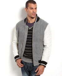Score big style in points in the sleek leather and suede varsity bomber jacket by Sean John. Score big style in points in the sleek leather and suede varsity bomber jacket by Sean John.