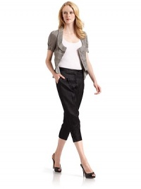 THE LOOKRound collarCuffed short sleeves with gathered detailFront hook-and-eye closureDual ruffled besom pocketsTHE FITAbout 21 from shoulder to hemTHE MATERIAL80% linen/20% cuproFully linedCARE & ORIGINDry cleanImportedModel shown is 5'10 (177cm) wearing US size 4. THE LOOKRound collarCuffed short sleeves with gathered detailFront hook-and-eye closureDual ruffled besom pocketsTHE FITAbout 21 from shoulder to hemTHE MATERIAL80% linen/20% cuproFully linedCARE & ORIGINDry cleanImportedModel shown is 5'10 (177cm) wearing US size 4.