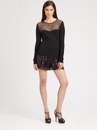 Fitted top with dotted lace paneling that creates the illusion of a timeless sweetheart neckline. Semi-sheer roundneckLong sleevesSemi-sheer backBack zipper60% cotton/40% nylonDry cleanImportedModel shown is 5'10 (177cm) wearing US size Small. Fitted top with dotted lace paneling that creates the illusion of a timeless sweetheart neckline. Semi-sheer roundneckLong sleevesSemi-sheer backBack zipper60% cotton/40% nylonDry cleanImportedModel shown is 5'10 (177cm) wearing US size Small.