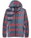 Beat the cold while looking cool in this boldly striped Volcom hooded jacket.