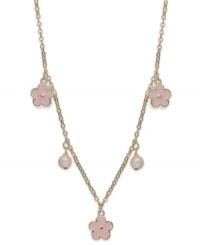Growing into glamour. Pink enamel flowers and cultured freshwater pearls (5 mm) bloom on this children's station necklace from Lily Nily. Set in 18k gold over sterling silver. Item comes packaged in a signature Lily Nily Gift Box. Approximate length: 16 inches. Approximate charm size: 3/8 inch. Growing into glamour. Pink enamel flowers and cultured freshwater pearls (5 mm) bloom on this children's station necklace from Lily Nily. Set in 18k gold over sterling silver. Item comes packaged in a signature Lily Nily Gift Box. Approximate length: 16 inches. Approximate charm size: 3/8 inch.