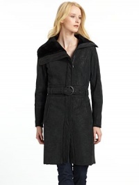 THE LOOKFold-over collarZip frontLong sleeves with zip closuresElastic waist with removable buckled beltDual slit pocketsTHE FITAbout 33 from shoulder to hemTHE MATERIALDyed shearlingCARE & ORIGINDry clean by fur specialistImportedFur origin: China THE LOOKFold-over collarZip frontLong sleeves with zip closuresElastic waist with removable buckled beltDual slit pocketsTHE FITAbout 33 from shoulder to hemTHE MATERIALDyed shearlingCARE & ORIGINDry clean by fur specialistImportedFur origin: China