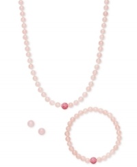 A fun update to your accessory collection, this matching set features a necklace, stretch bracelet and stud earrings crafted from rose quartz (6-8 mm) and crystal beads. Set in sterling silver. Approximate length (necklace): 18 inches. Approximate length (bracelet): 7 inches. Approximate diameter: 1/3 inch. A fun update to your accessory collection, this matching set features a necklace, stretch bracelet and stud earrings crafted from rose quartz (6-8 mm) and crystal beads. Set in sterling silver. Approximate length (necklace): 18 inches. Approximate length (bracelet): 7 inches. Approximate diameter: 1/3 inch.