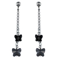 Sterling Silver Double Butterfly Smoky Topaz Swarovski Crystal Drop Earrings 1.7 inch Long For Women Sterling Silver Double Butterfly Smoky Topaz Swarovski Crystal Drop Earrings 1.7 inch Long For Women