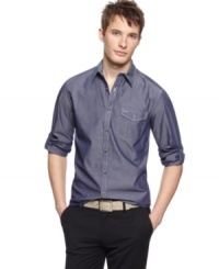 Soften your denim style with this chambray woven shirt from Kenneth Cole Reaction. Soften your denim style with this chambray woven shirt from Kenneth Cole Reaction.