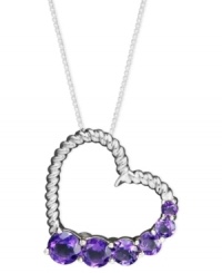 Give the gift of love to the girl with a February birthday. This elegant heart-shaped pendant features an intricate, textured design accented by bold, round-cut amethyst (1-1/5 ct. t.w.). Crafted in sterling silver. Approximate length: 18 inches. Approximate drop: 3/4 inch. Give the gift of love to the girl with a February birthday. This elegant heart-shaped pendant features an intricate, textured design accented by bold, round-cut amethyst (1-1/5 ct. t.w.). Crafted in sterling silver. Approximate length: 18 inches. Approximate drop: 3/4 inch.