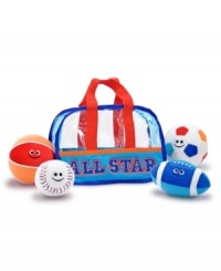 his toddler sized sports bag, comes packed with a plush soccer ball, baseball, football and basketball. This durable set will provide hours of good sport! his toddler sized sports bag, comes packed with a plush soccer ball, baseball, football and basketball. This durable set will provide hours of good sport!