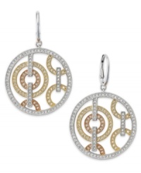 Infinity circles captivate on these drop earrings from Swarovski. Features a tri-colored design adorned with clear crystal pave accents. Crafted in 22k gold-plated, rhodium-plated and rose-gold-plated mixed metal. Approximate drop: 1-1/2 inch.