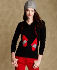 What could be cuter than intarsia mittens knit right in? Tommy Hilfiger's hoodie sweater is a holiday classic in the making. What could be cuter than intarsia mittens knit right in? Tommy Hilfiger's hoodie sweater is a holiday classic in the making.