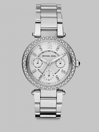 From the Parker Collection. Truly sparkle in this technical timepiece with Swarovski crystal accents. Quartz movementWater resistant to 10 ATMRound stainless steel case, 33mm (1.3) Swarovski crystal accented bezelSilvertone dialNumeric and Swarovski crystal hour markersThree multi-function sub-dialsSecond hand Stainless steel link braceletImported From the Parker Collection. Truly sparkle in this technical timepiece with Swarovski crystal accents. Quartz movementWater resistant to 10 ATMRound stainless steel case, 33mm (1.3) Swarovski crystal accented bezelSilvertone dialNumeric and Swarovski crystal hour markersThree multi-function sub-dialsSecond hand Stainless steel link braceletImported