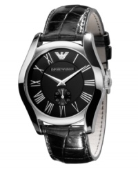 True style for every man. This Emporio Armani watch features a black croc-embossed leather strap and round stainless steel case. Black dial with silvertone roman numerals, logo and date window. Quartz movement. Water resistant to 50 meters. Two-year limited warranty. True style for every man. This Emporio Armani watch features a black croc-embossed leather strap and round stainless steel case. Black dial with silvertone roman numerals, logo and date window. Quartz movement. Water resistant to 50 meters. Two-year limited warranty.