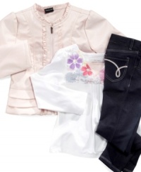 A sweet set from Carter's, comfy denim and a lace-accented shirt add cute style while a faux-leather jacket makes her look unique. A sweet set from Carter's, comfy denim and a lace-accented shirt add cute style while a faux-leather jacket makes her look unique.