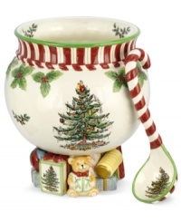 Christmas couldn't be sweeter with Spode's Christmas Tree Peppermint punch bowl. An iconic holiday favorite is trimmed with candy stripes and perched on pretty packages in a festive gift to entertaining. With candy cane ladle.