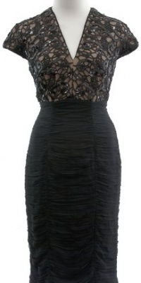 Tadashi Shoji Black Nude Sequined Lace Ruch Cocktail Dress 2 Tadashi Shoji Black Nude Sequined Lace Ruch Cocktail Dress 2