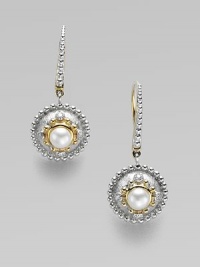 Lustrous pearl, dazzled by diamonds and accented by gold and silver balls.Diamonds, 0.06 tcw White freshwater pearls 18K yellow gold Sterling silver Pierced Imported Lustrous pearl, dazzled by diamonds and accented by gold and silver balls.Diamonds, 0.06 tcw White freshwater pearls 18K yellow gold Sterling silver Pierced Imported