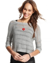 With its open-knit stripes and three-quarter dolman sleeves, Sweater Project's comfy pullover is a cute pick for laid-back days. With its open-knit stripes and three-quarter dolman sleeves, Sweater Project's comfy pullover is a cute pick for laid-back days.