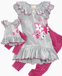 Floaty fashion. A beautiful butterfly on this shirt and leggings set from Sweet Heart Rose will bring a sweet smile to her face. Floaty fashion. A beautiful butterfly on this shirt and leggings set from Sweet Heart Rose will bring a sweet smile to her face.