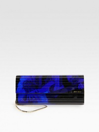 This rock n' roll-inspired acrylic clutch can be worn on the shoulder with a versatile chain strap. Detachable chain shoulder strap, 18¼ dropMagnetic snap closure on front flapOne inside open pocketSatin lining9½W X 4H X 1¼DMade in Italy