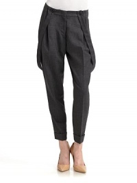 THE LOOKNarrow waistband with hook-and-eye closure, button accents & interior button tabPleated frontFront zipperRemovable suspender strapsAngled welt pocketsTHE FITRise, about 10Inseam, about 26THE MATERIAL95% virgin wool/5% other fibersCARE & ORIGINDry cleanMade in Italy THE LOOKNarrow waistband with hook-and-eye closure, button accents & interior button tabPleated frontFront zipperRemovable suspender strapsAngled welt pocketsTHE FITRise, about 10Inseam, about 26THE MATERIAL95% virgin wool/5% other fibersCARE & ORIGINDry cleanMade in Italy