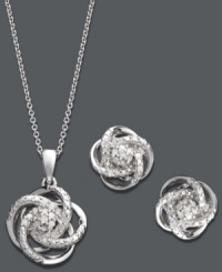 Tie your whole look together. A chic knotted design decorates this stunning pendant and earrings set. Crafted in sterling silver with sparkling, round-cut diamonds (1/4 ct. t.w.). Approximate length: 18 inches. Approximate drop: 1/2 inch. Approximate earring diameter: 1/4 inch. Tie your whole look together. A chic knotted design decorates this stunning pendant and earrings set. Crafted in sterling silver with sparkling, round-cut diamonds (1/4 ct. t.w.). Approximate length: 18 inches. Approximate drop: 1/2 inch. Approximate earring diameter: 1/4 inch.