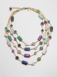 This bib style feature stations in various colors and shapes in a multi-row design. ResinEnamelGoldtoneLength, about 16Lobster clasp closureImported This bib style feature stations in various colors and shapes in a multi-row design. ResinEnamelGoldtoneLength, about 16Lobster clasp closureImported