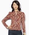 Lauren Jeans Co.'s bold paisley pattern sweeps across a soft cotton voile blouse, finished with slim ties at the waist.