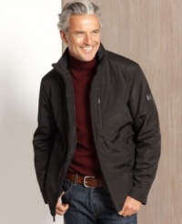 Never let the weather get to you, your style will hold steady thanks to this Iconic jacket from T Tech by Tumi. Never let the weather get to you, your style will hold steady thanks to this Iconic jacket from T Tech by Tumi.