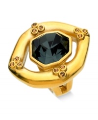 T Tahari rings in the new with this 14k gold-plated mixed metal stretch ring. A faceted black glass stone sits in the center, surrounded by accents in each corner. Nickel-free for sensitive skin. Ring stretches to fit finger. T Tahari rings in the new with this 14k gold-plated mixed metal stretch ring. A faceted black glass stone sits in the center, surrounded by accents in each corner. Nickel-free for sensitive skin. Ring stretches to fit finger.