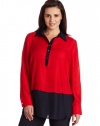AK Anne Klein Women's Plus Size Color Block Tunic Blouse, Red Poppy, 1X
