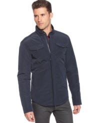 A jacket as slim-lined and easy to wear as a shirt: Armani Jeans shirt-jacket with concealed zip up closure, military-inspired chest pockets, and standing collar. A jacket as slim-lined and easy to wear as a shirt: Armani Jeans shirt-jacket with concealed zip up closure, military-inspired chest pockets, and standing collar.