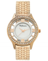 Style&co. reveals everything with this transparent timepiece adorned with rosy hues and crystal sparkle. Style&co. reveals everything with this transparent timepiece adorned with rosy hues and crystal sparkle.