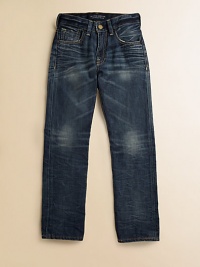 Relaxed, slim-fitting stonewashed cotton with subtle fading is a cool look for day or night. Front button closureAdjustable waistband with belt loopsZip flyFive-pocket styleBack logo patchCottonMachine washImported Relaxed, slim-fitting stonewashed cotton with subtle fading is a cool look for day or night. Front button closureAdjustable waistband with belt loopsZip flyFive-pocket styleBack logo patchCottonMachine washImported