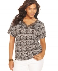 Snag spot-on style with AGB's short sleeve plus size top, featuring a leopard print and beaded neckline. Snag spot-on style with AGB's short sleeve plus size top, featuring a leopard print and beaded neckline.