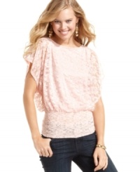 Create an ultra-feminine look with BCX's lace blouson top -- a flirty companion to your trusty jeans or sleek pencil skirts! Create an ultra-feminine look with BCX's lace blouson top -- a flirty companion to your trusty jeans or sleek pencil skirts!