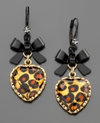 Dress up your wild side with these Betsey Johnson drop earrings featuring black bows, leopard print and antiqued goldtone mixed metal. Approximate drop: 2 inches. Dress up your wild side with these Betsey Johnson drop earrings featuring black bows, leopard print and antiqued goldtone mixed metal. Approximate drop: 2 inches.