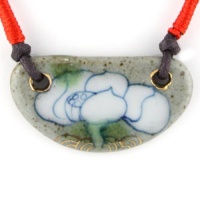 Antique Blue And Aqua Green Painted Lotus Flower Ceramic Pendant With Coco Brown Adjustable Necklace And Ruby Red Ribbon Detail Antique Blue And Aqua Green Painted Lotus Flower Ceramic Pendant With Coco Brown Adjustable Necklace And Ruby Red Ribbon Detail