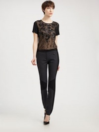 The classic tee gets an elegant, utterly unique update, with a fully lined sheer front panel artfully embroidered with shimmering sequins.Jewel neckline with self pipingShort sleevesSheer, lined front panelSequined embroiderySilk liningBody: 90% rayon/10% nylonInset: silkImportedModel shown is 5'10 (177cm) wearing US size Small. The classic tee gets an elegant, utterly unique update, with a fully lined sheer front panel artfully embroidered with shimmering sequins.Jewel neckline with self pipingShort sleevesSheer, lined front panelSequined embroiderySilk liningBody: 90% rayon/10% nylonInset: silkImportedModel shown is 5'10 (177cm) wearing US size Small.