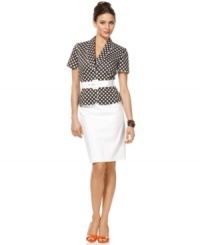 A polka-dotted jacket infuses this petite skirt suit from Tahari by ASL with sophisticated fun. Pair with colorful accessories for added pop. A polka-dotted jacket infuses this petite skirt suit from Tahari by ASL with sophisticated fun. Pair with colorful accessories for added pop.