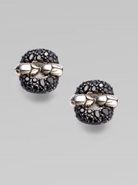 From the Kali Lava Collection. Black sapphire pavé with sterling silver accents in a small rectangular design.Black sapphire Sterling silver Width, about ½ Length, about ½ Post and omega clip backs Made in Bali 