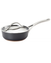 A standout in your space! Ideal for warming, simmering and boiling, the shallow design of this covered saucepan features a superior nonstick finish that guarantees easy food release, quick cleanups and long-lasting durability in your busy space. The hard-anodized aluminum construction sandwiches a copper core to provide exceptional heat distribution. Lifetime limited warranty. A standout in your space! Ideal for warming, simmering and boiling, the shallow design of this covered saucepan features a superior nonstick finish that guarantees easy food release, quick cleanups and long-lasting durability in your busy space. The hard-anodized aluminum construction sandwiches a copper core to provide exceptional heat distribution. Lifetime limited warranty.