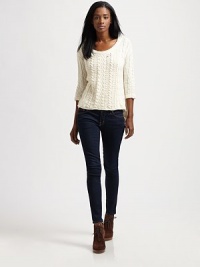 Intricate cable-knit in a light cotton blend, cropped and fitted for a slightly shrunken silhouette.BoatneckThree-quarter sleevesPullover style58% cotton/24% acetate/13% polyester/5% woolDry cleanImportedModel shown is 5'10 (177cm) wearing US size Small. Intricate cable-knit in a light cotton blend, cropped and fitted for a slightly shrunken silhouette.BoatneckThree-quarter sleevesPullover style58% cotton/24% acetate/13% polyester/5% woolDry cleanImportedModel shown is 5'10 (177cm) wearing US size Small.