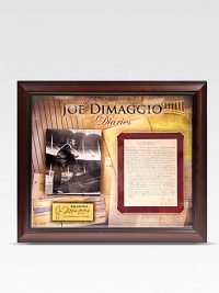 Joe DiMaggio was a model of consistency over his 13-year Yankee career - so much so that he was named an All-Star in every season he played. This piece offers a window into the legend's mind and soul: an original hand-written diary page is double-matted in a shallow shadowbox with a laser-engraved nameplate and an 8 X 10 photograph of DiMaggio on the steps at Yankee Stadium. Joe DiMaggio was a model of consistency over his 13-year Yankee career - so much so that he was named an All-Star in every season he played. This piece offers a window into the legend's mind and soul: an original hand-written diary page is double-matted in a shallow shadowbox with a laser-engraved nameplate and an 8 X 10 photograph of DiMaggio on the steps at Yankee Stadium.