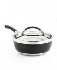 This Anolon saucier impresses with superb materials and sloping sides to help whisk sauces and other liquid ingredients. Three layers of metal compose the exceptional body: a thick inner core of quick and even heating aluminum is sandwiched between gleaming stainless steel. Limited lifetime warranty. This Anolon saucier impresses with superb materials and sloping sides to help whisk sauces and other liquid ingredients. Three layers of metal compose the exceptional body: a thick inner core of quick and even heating aluminum is sandwiched between gleaming stainless steel. Limited lifetime warranty.