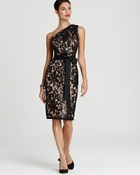 Sequin covered lace lends a luxe look to this Tadashi Shoji dress, finished with a grosgrain sash for a flattering fit. Sequin covered lace lends a luxe look to this Tadashi Shoji dress, finished with a grosgrain sash for a flattering fit.
