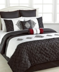 A chic black and white palette gives your space a luxe new look in this Candice comforter set, featuring intricate pleats with a smattering of embroidered emblems. The bolster decorative pillow completes the set with a touch of romantic red. A chic black and white palette gives your space a luxe new look in this Candice comforter set, featuring intricate pleats with a smattering of embroidered emblems. The bolster decorative pillow completes the set with a touch of romantic red.