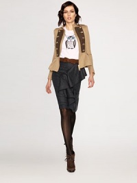 A triumphant, military-inspired jacket featuring classic epaulettes, gilded buttons and a feminine hem.Embellished crewneckPrincess sleevesEpaulettesFront zipperFlap pocketsSkirted hemAbout 21 from shoulder to hemCottonDry cleanMade in Italy of imported fabric Model shown is 5'9½ (176cm) wearing US size 4. A triumphant, military-inspired jacket featuring classic epaulettes, gilded buttons and a feminine hem.Embellished crewneckPrincess sleevesEpaulettesFront zipperFlap pocketsSkirted hemAbout 21 from shoulder to hemCottonDry cleanMade in Italy of imported fabric Model shown is 5'9½ (176cm) wearing US size 4.